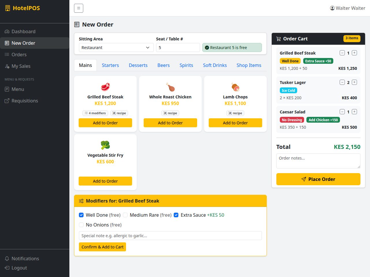 HotelPOS order screen with menu items and live order cart